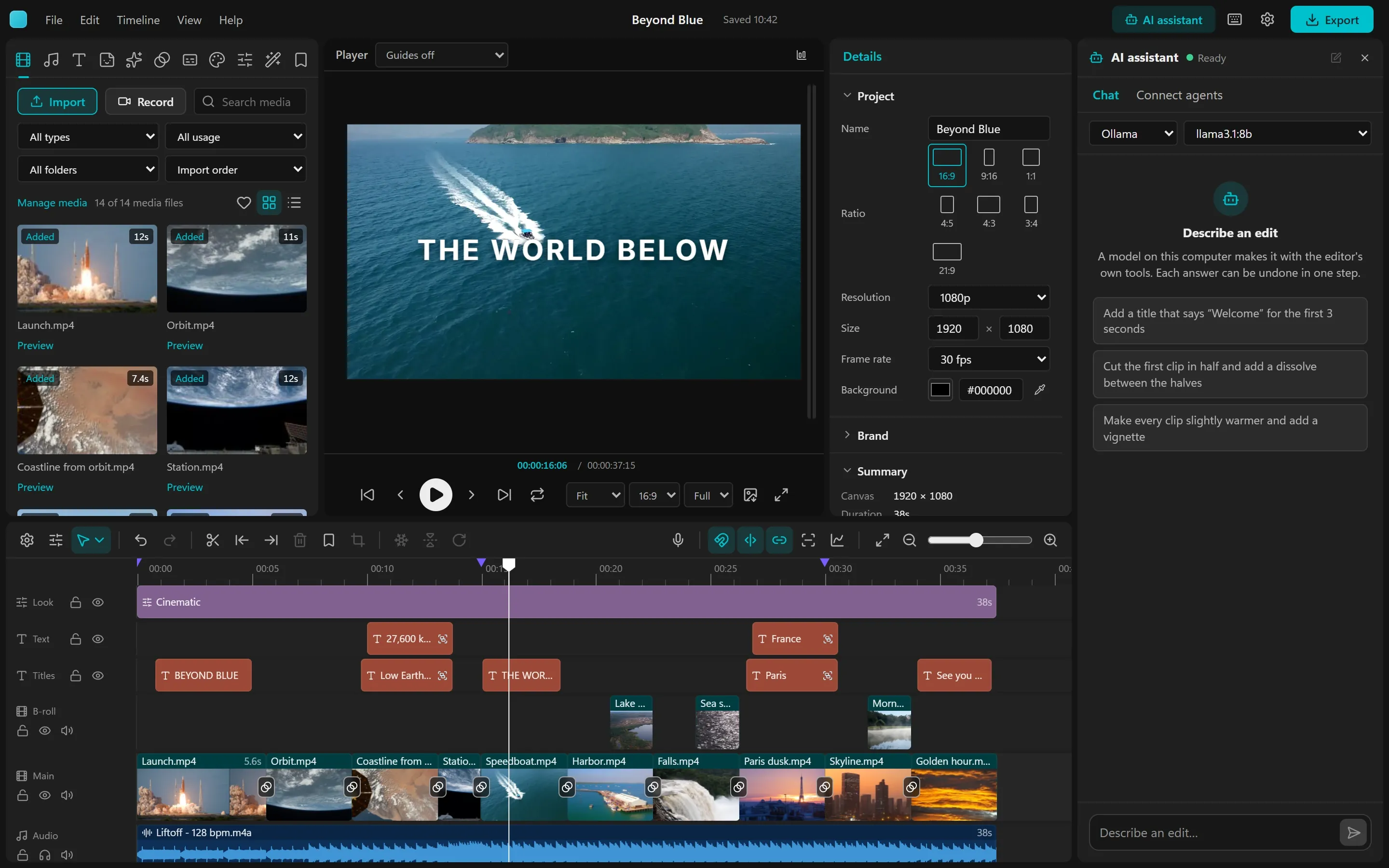 The AI assistant column docked at the right of the editor, with Ollama and a model selected, example requests, and a box to describe an edit.