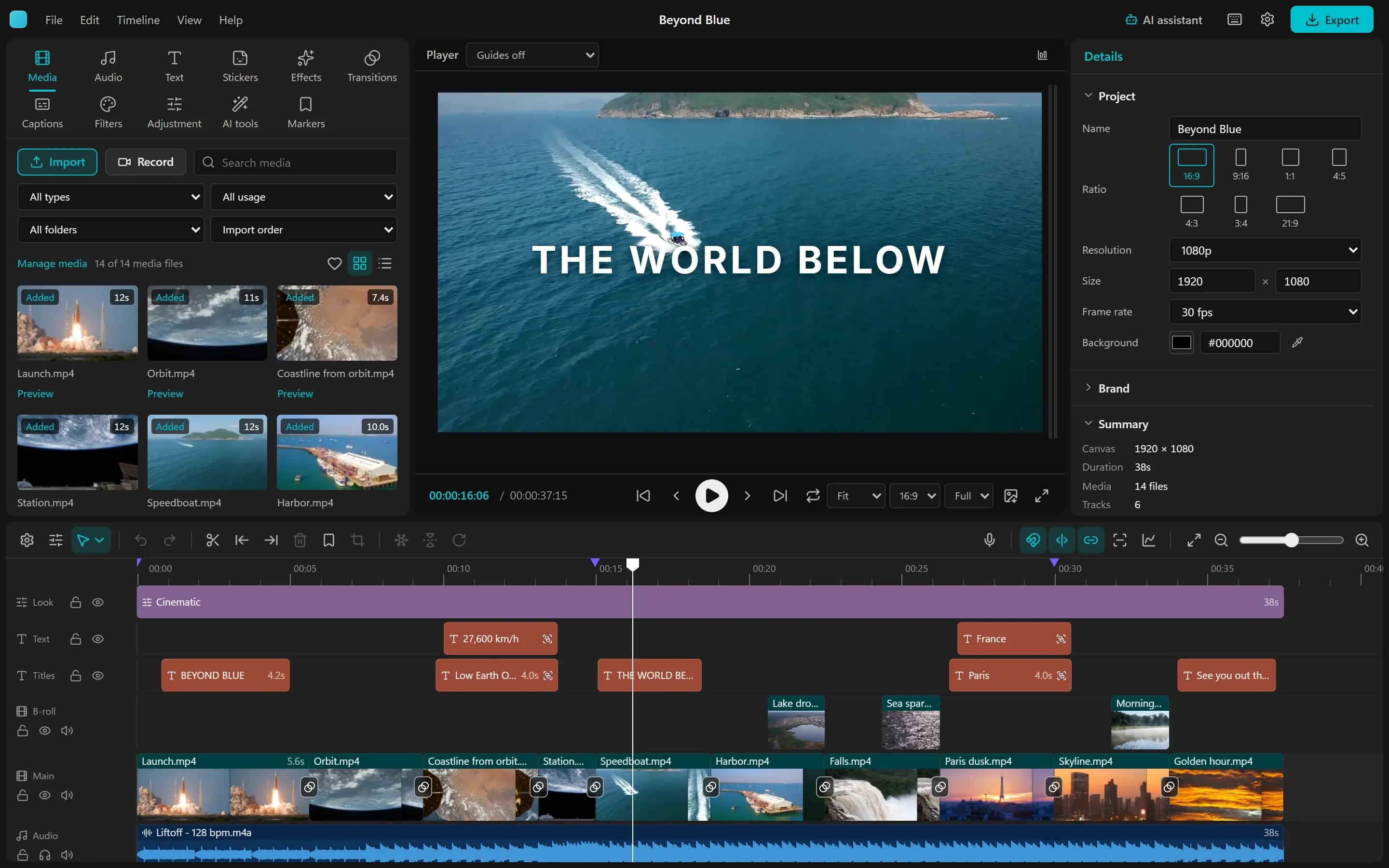 The OpenFrame editor with the Beyond Blue project open: the media library on the left, THE WORLD BELOW over an aerial shot of a speedboat in the player, project details on the right, and a timeline of clips, titles, an adjustment layer and music below.