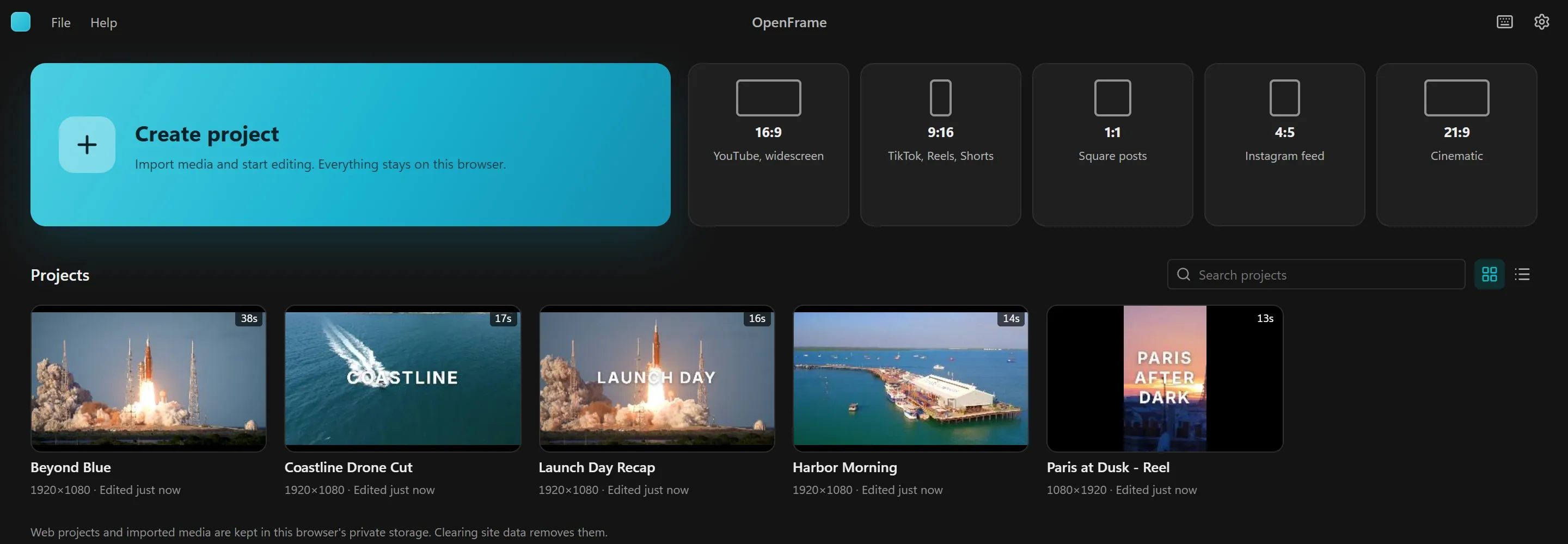 OpenFrame's home screen: a Create project card, canvas presets for 16:9, 9:16, 1:1, 4:5 and 21:9, and five projects with thumbnails.