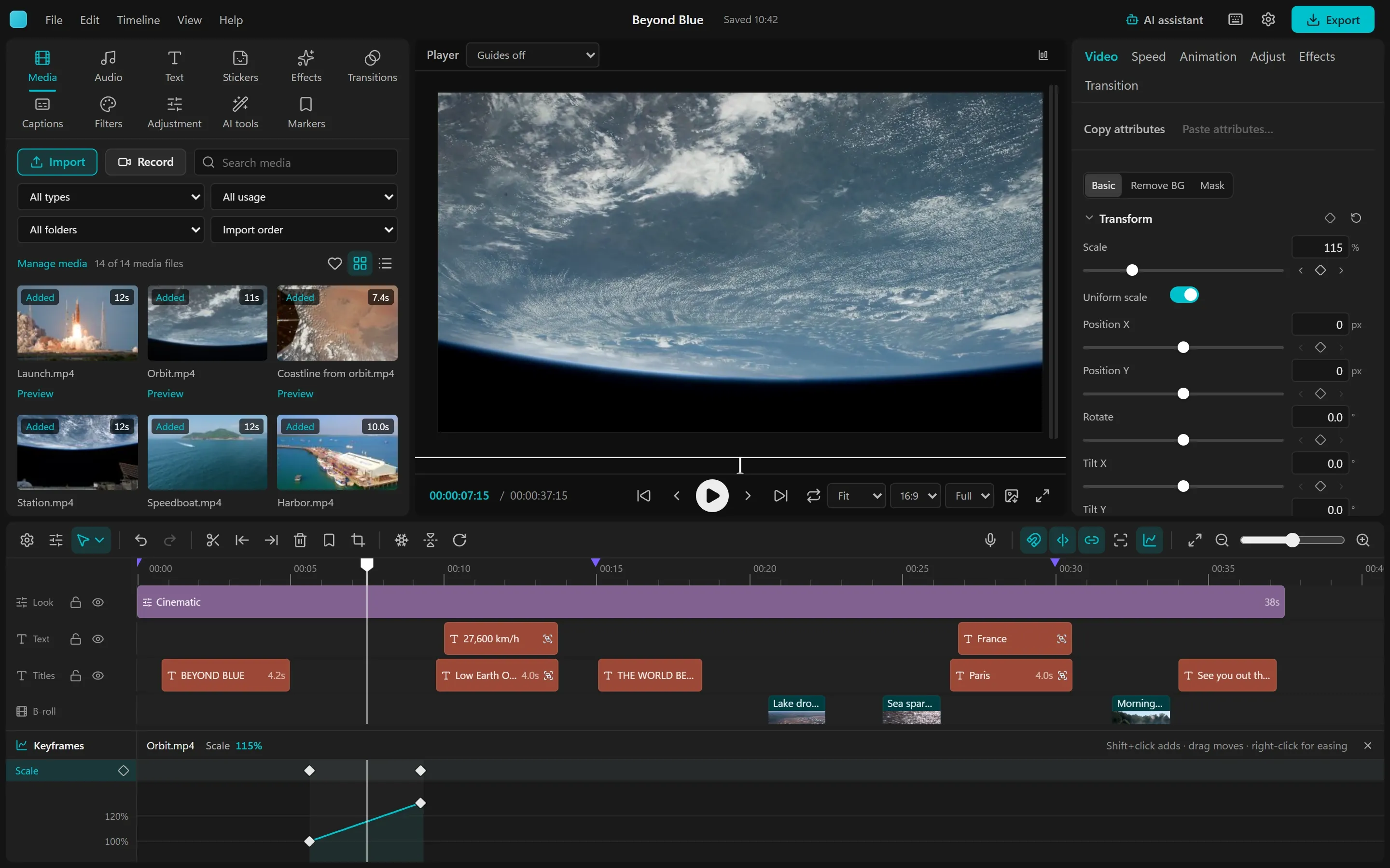 The keyframe panel under the timeline: a Scale lane with two keys and a value graph rising from 100 to 130 percent on the orbit shot, with the Transform settings in the inspector.
